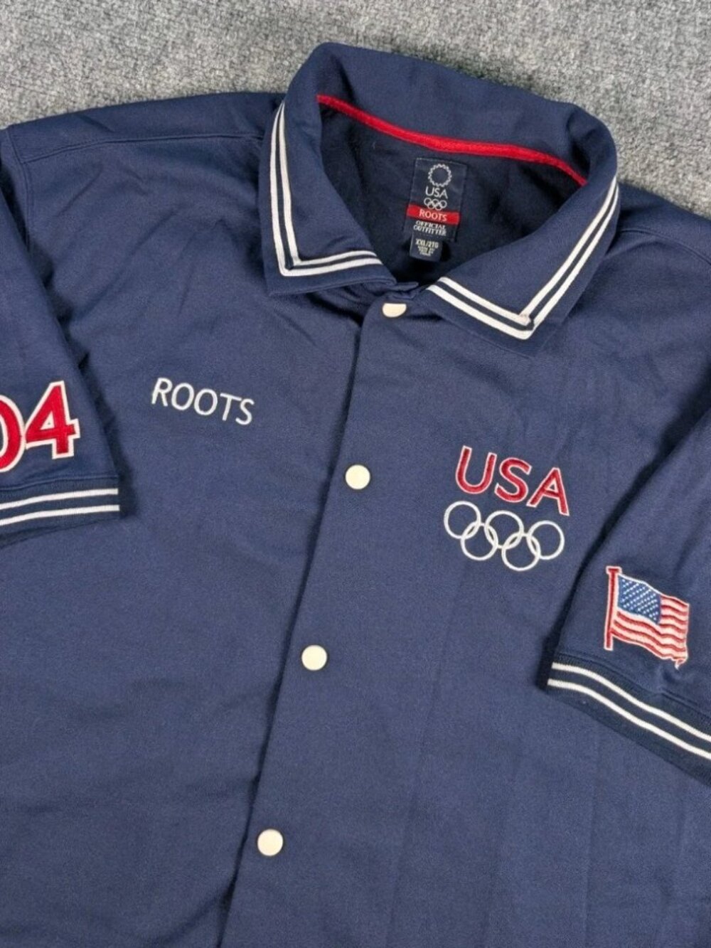 VTG USA Olympic 2004 Roots  Snap Short Sleeve Warm Up Jacket Navy Size XXL